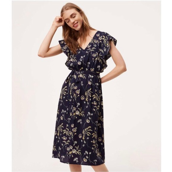 LOFT Dresses & Skirts - LOFT Blue Yellow Synthetic Floral Flutter Sleeve Below Knee Midi Dress, Size M
